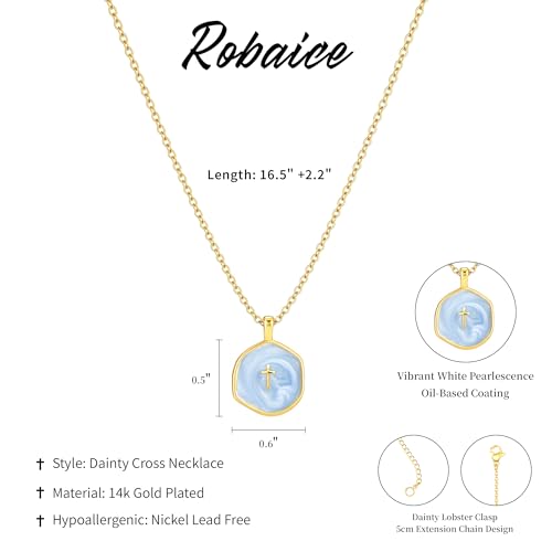 Robaice Cross Necklace for Women, Dainty 14K Gold Plated Cross Necklace - style: disc cross dark blue
