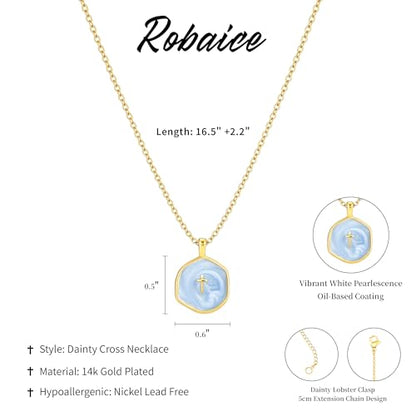 Robaice Cross Necklace for Women, Dainty 14K Gold Plated Cross Necklace - style: disc cross dark blue