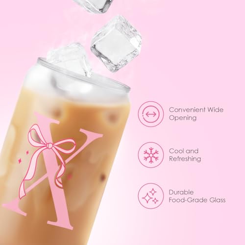 SANDJEST Monogrammed Glass Drinking Can Cup with Acrylic Lid and Straw, Personalized Frosted Iced Coffee Tumbler 16oz, Monogram Initial Gifts for Women Girls on Birthday (X) - color: X