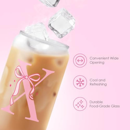 SANDJEST Monogrammed Glass Drinking Can Cup with Acrylic Lid and Straw, Personalized Frosted Iced Coffee Tumbler 16oz, Monogram Initial Gifts for Women Girls on Birthday (X) - color: X