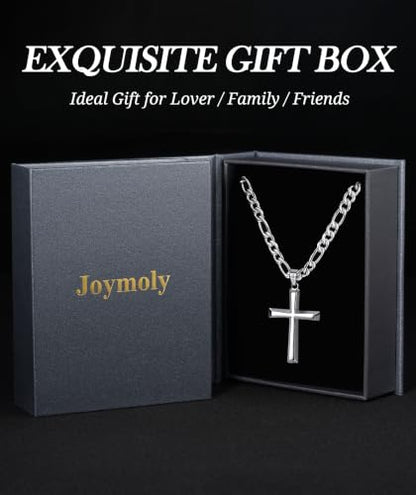 925 Sterling Silver Cross Necklace for Men with 5mm Figaro Chain - color: Silver, size: 22 inches