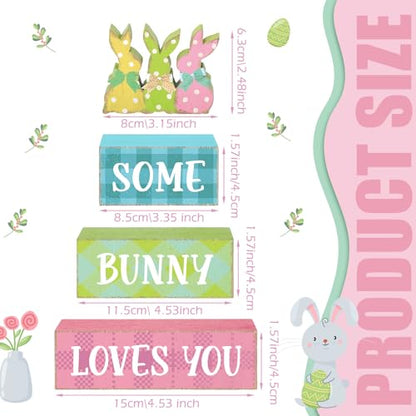 4 Pcs Easter Bunny Table Sign Wooden Table Decor Farmhouse Holiday Sign Easter Tabletop Centerpieces Spring Wood Blocks Tiered Tray Decor for Home Kitchen(Dot Bunny) - style: Dot Bunny