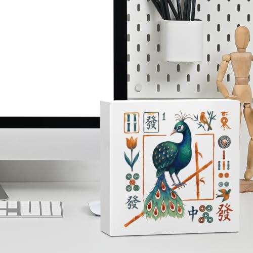 Mahjong Bird Bam Desk Sign Wooden Box Sign Table Decoration White - color: white 1479