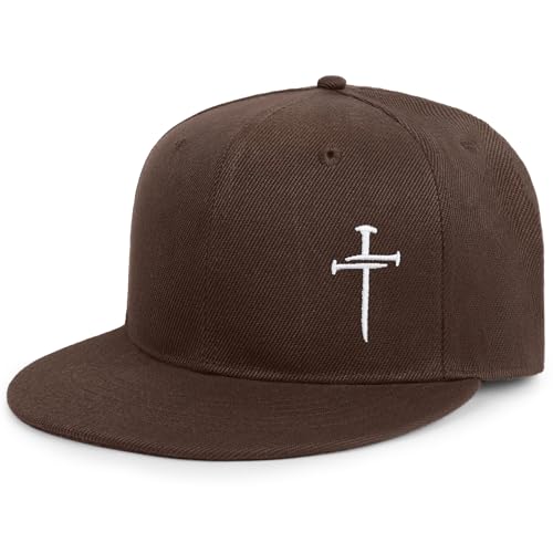 Christian Hats for Men Women - Cross Faith Flat Snapcback Hats - Religious Gifts for Thanksgiving Christmas - color: Brown/Cross White