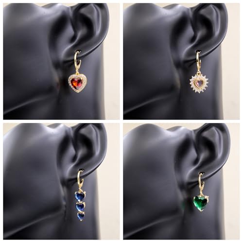 18K Gold Plated, Dangle Earrings for Women, Flower/Heart Drop earrings, Hypoallergenic Cubic Zirconia Earrings, Lightweight, Party, gold earrings, Jewelry for Gifts, Fashion - style: Drop-Heart-Mixcolor