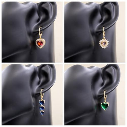 18K Gold Plated, Dangle Earrings for Women, Flower/Heart Drop earrings, Hypoallergenic Cubic Zirconia Earrings, Lightweight, Party, gold earrings, Jewelry for Gifts, Fashion - style: Drop-Heart-Mixcolor