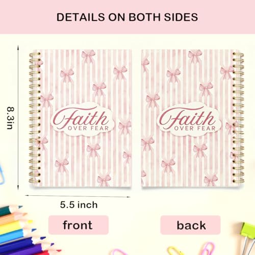 Christian Coquette Pink Bow Spiral Notebook 5.5x8.3 Inch, Faith Over Fear Lined Journal for School Work, Cute Bible Verse Gifts for Women Teen Girls - color: Faith