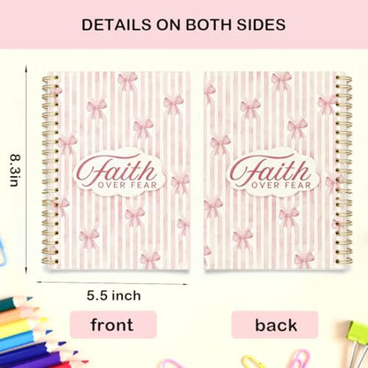 Christian Coquette Pink Bow Spiral Notebook 5.5x8.3 Inch, Faith Over Fear Lined Journal for School Work, Cute Bible Verse Gifts for Women Teen Girls - color: Faith