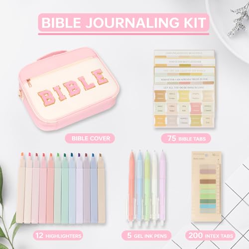 Bible Cover Case for Women Bible Study Supplies Large Preppy Chenille Pink Leather Bible Carrying Tote Bag Letter Bible Case Christmas Christian Gifts for Women Girls (Pink, Large) - color: Pink