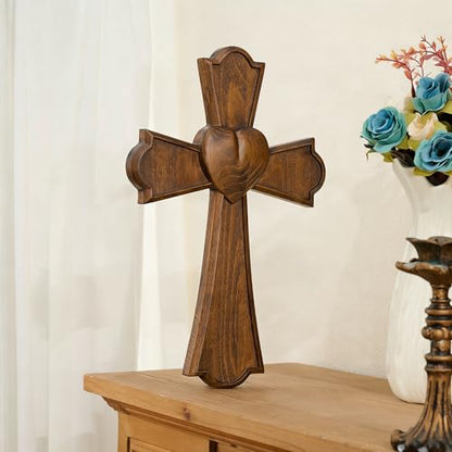 BGCarvedGrace Wooden Wall Cross with Heart Center - size: 14"L x 9"W