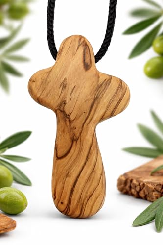 Zuluf Natural Wood Cross Pendant Necklace, Hand Carved Olive Wood Cross Necklace for Men Women, 2.5 Inch Bethlehem Holy Land Pendant on Cord, Handmade Christian Gift, Spiritual Keepsake