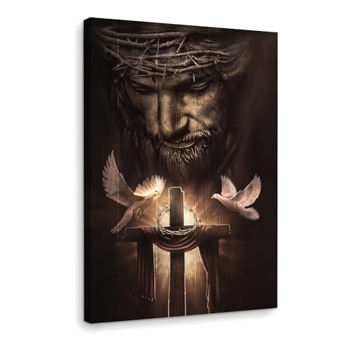 Fantasy Artists Framed Jesus Christ Canvas Wall Art The Cross and Peace Dove Christian Painting Prints Biblical Wall Decor Religious Room Decor for Church Prayer Room Schools Hospitals 16" x 24" - color: Jesus 1, size: 24"L x 16"W