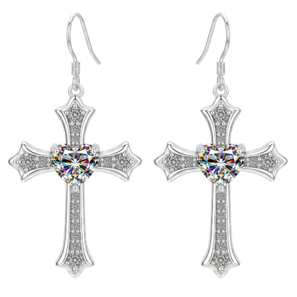 Moissanite S925 Sterling Silver Dainty Cross Drop Dangle Earrings For Women - color: silver