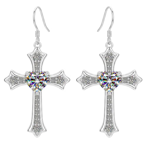 Moissanite S925 Sterling Silver Dainty Cross Drop Dangle Earrings For Women - color: silver