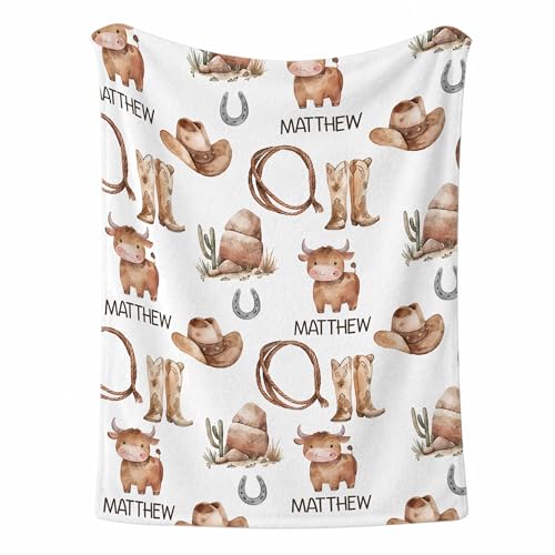 Personalized Western Baby Boy Blanket, Cute Cowboy Riding Pony Pattern, Custom Name Kids Toddler Throw Blanket, Ranch Style Nursery Decor, Toddler Boy Gift - color: Western Baby Boy Blanket