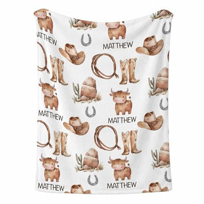 Personalized Western Baby Boy Blanket, Cute Cowboy Riding Pony Pattern, Custom Name Kids Toddler Throw Blanket, Ranch Style Nursery Decor, Toddler Boy Gift - color: Western Baby Boy Blanket