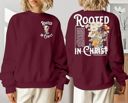 Women Christian Sweatshirt Rooted in Christ Shirts Jesus Boho Faith Clothes - color: Wine Red, size: Large
