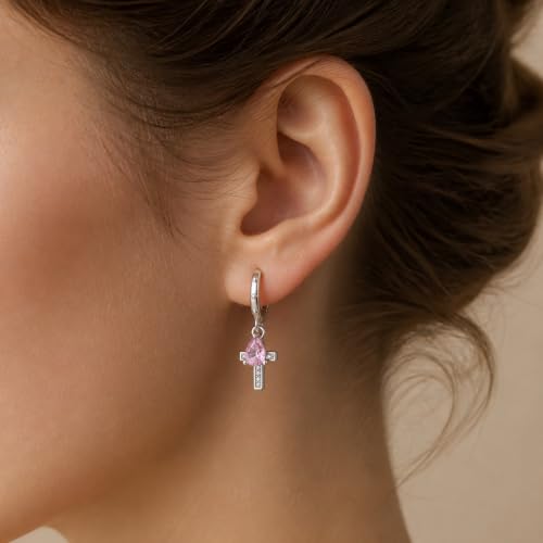 925 Sterling Silver Cute Animal Unique Huggie Hoop Earrings for Women - color: Pink Cross