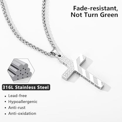 Cross Necklace for Men, 316L Stainless Steel American Flag Bible Verse Christmas Christian Catholic Baptism Confirmation Gifts 22+2 Inches - color: Silver, style: 3:1 I AM A CHILD OF GOD