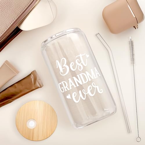 SANDJEST Grandma 16 Oz Can Glass Tumbler with Bamboo Lid and Straw - Iced Coffee Cups for Women, Aesthetic Glass Cup Gift for Grandmother Nana Birthday Christmas Mother's Day - color: Grandma