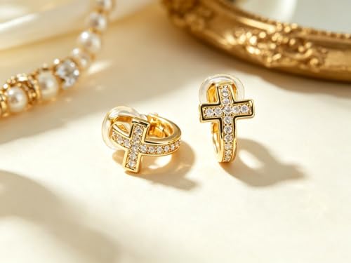 FAN&LOUIS 24K Gold Plated Cross Clip On Earrings for Women, Small Hoop Huggie Trendy Hypoallergenic Lightweight Cross Hoop Clip-On Earrings for Non-Pierced Ears