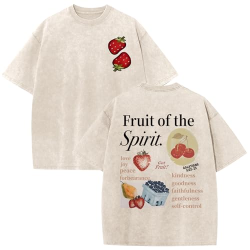Christian Fruit of The Spirit Shirt for Men Jesus Religious Shirts Oversized Graphic Tees Acid Wash God T-Shirt Tops - color: Apricot, size: Large