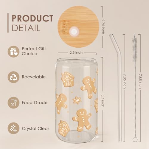 SANDJEST Gingerbread Christmas 16oz Can Glass Tumbler with Bamboo Lid & Straw - Iced Coffee Cup for Women Girls, Aesthetic Cups Gifts for Xmas - color: Christmas 2