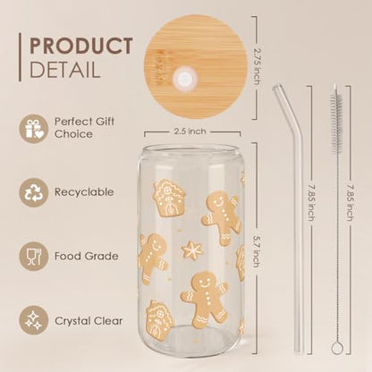 SANDJEST Gingerbread Christmas 16oz Can Glass Tumbler with Bamboo Lid & Straw - Iced Coffee Cup for Women Girls, Aesthetic Cups Gifts for Xmas - color: Christmas 2
