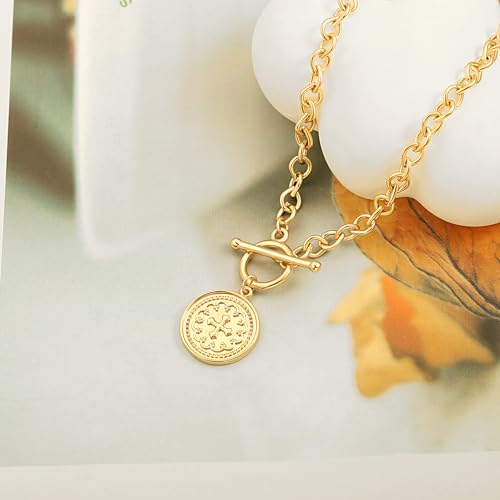 SOFYBJA Saint Benedict Necklace Drop 18K Gold Toggle Medallion Coin Cross Pendant Necklaces Religious Jewelry Catholic Gift for Women - color: Gold Chunky Link Water Droplet Chain Cross Coin Necklace
