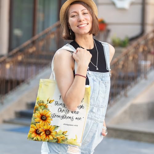 Positive Religious Christian Gifts Canvas Tote Bag for Women Christmas Birthday Cute Beach Reusable Grocery Bags - color: Philippians 4 13 Sunflower