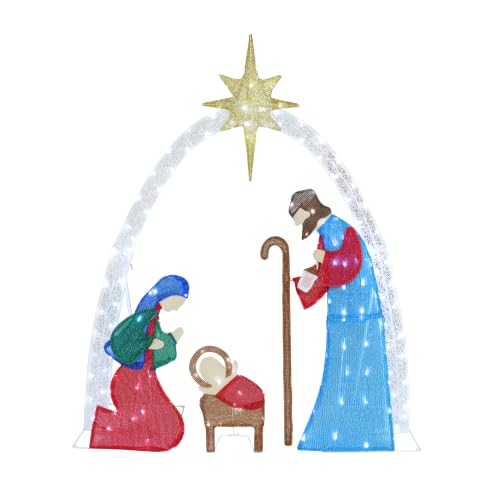 Yardenaler 5FT Lighted Nativity Scene with 170 LED Lights for Christmas Decoration, Pre-Lit Iridescent Nativity Scene Xmas Decor, 3D Glittered Standing Holiday Display for Outdoor, Indoor, Multi color - color: Multicolor
