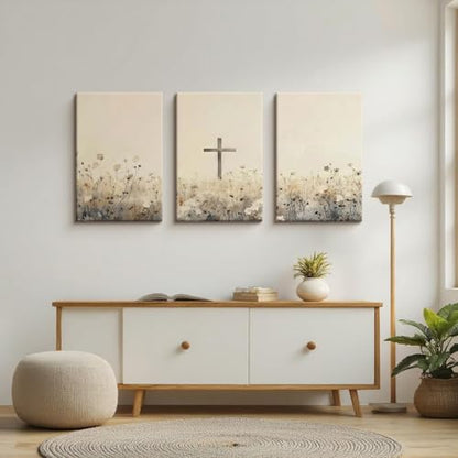 QKYKISS 3Pcs Jesus Wall Art Nature Wildflowers Cross Canvas Poster Religious Pastoral Scenery Picture Rustic Meadow Mural Country Flowers Art Print Living Room Bedroom Office With wooden frame12x16in - color: Religious Cross, size: 12x16 Inches
