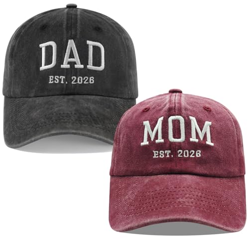 2PCS Dad and Mom EST 2026 Hats for Men Women, New Parents Gifts Cap - color: Black Red