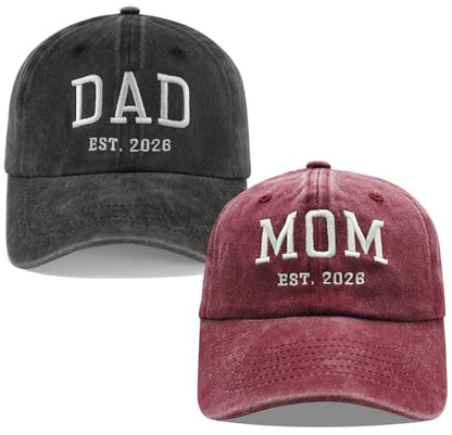 2PCS Dad and Mom EST 2026 Hats for Men Women, New Parents Gifts Cap - color: Black Red