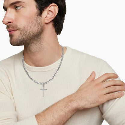 Avotto 316L Stainless Steel Cross Necklace Jewelry Gifts for Men Boys, Silver Gold Black Necklaces 5mm Non-Fading Sturdy Cuban Chain with Cross Pendant 14/16/18/20/22/24Inch - color: Silver, size: 24 inch(60cm)-Extra Long Fit