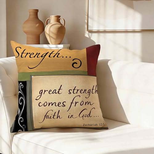 Vintage Inspirational Scripture Throw Pillow Cover,Strength Zechariah 12:5 Bible Verse Decorative Pillow Case,Faith in God Cotton Linen Cushion Case for Home Decor 18 * 18 Inch - color: Settype14
