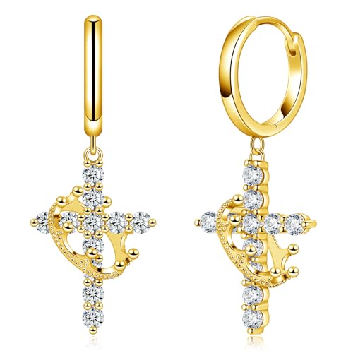 Moissanite Sterling Silver Cross Earrings for Women Huggie Drop - color: Cross Crown (Gold)