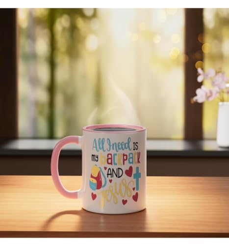 All I Need Is My Backpack and Jesus School Christian Kids Ceramic Mug, Pink/White - color: Pink/White, size: 11 Ounces