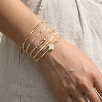 Gold Beaded Bracelets Stack for Women Stackable 14K Gold Plated Beads Ball Cross Bracelet Boho Christian Jewelry Faith Friendship Birthday Gifts for Women - color: White