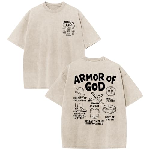 BINTEHGS Mens Oversized Christian Faith Shirt Armor of God Graphic Tee Vintage Religious Shirts Acid Wash Bible Verse T Shirt - color: Apricot, size: Large