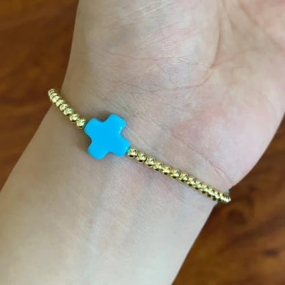 Colorful Cross Charm Bracelets for Women Men Adjustable Gold Plated Beaded Bracelet Boho Bead Ball Stretch Bracelet Birthday Summer Beach Jewelry - color: 3mm Blue