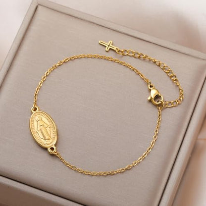 VASSAGO Virgin Mary Bracelet for Women Men Double-Sided Virgen de Guadalupe Rosary Bracelet Medal Handmade Braided Rope Catholic Christian Religious Jewelry Gift - color: Gold 9