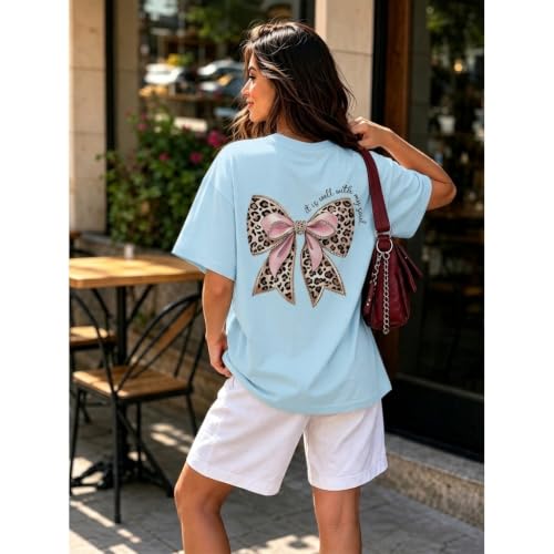 Leopard Bow Shirt Cheetah Bow Shirt Christian Shirts for Women Faith Bible Verse Shirts God Coquette Graphic Tees - color: Light Blue, size: Large