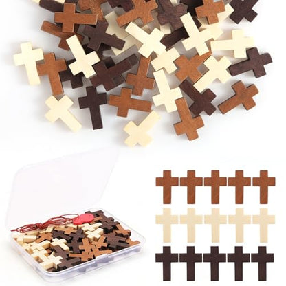 50/120/200 PCS 3 Colors Mini Wooden Prayer Cross Pendants, DIY Craft Charms