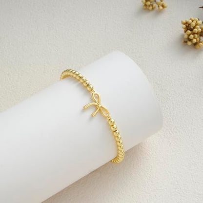 Beaded Bracelets for Women 14K Silver Gold Plated Stretch Handmade Ball Bracelets Cute Charm Bracelet Dainty Stackable Cross Heart Bow Wave CZ Circle Trendy Jewelry Easter Gifts - color: Gold-7
