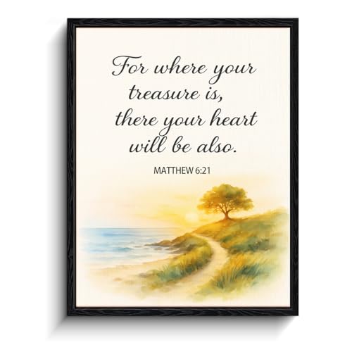 Watercolor coastal sunset with tree, “For where your treasure is, there your heart will be also” Matthew 6:21 Christian wall decor, matte framed wall art for home, wedding gift, 8x10 inch - color: matthew 6:21【Framed】, size: 8"L x 10"W