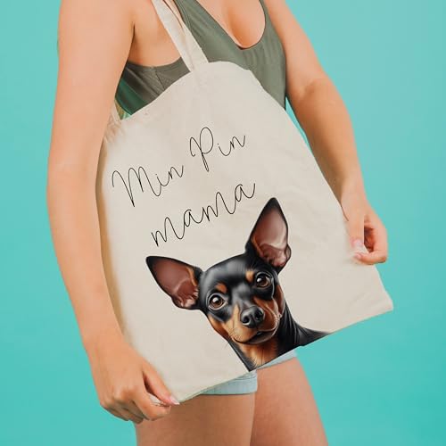 Dog Mom Canvas Tote Bag for Women, Reusable Cotton Shoulder Bag, Dog Lover Gift, Mother’s Day Pet Mom Shopping Tote - color: Min Pin