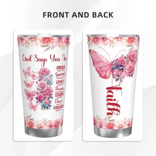 20 oz Religious Inspirational God Says You Are Tumbler with Lid, Faith Sign Sunflower Butterfly Stainless Steel Double Wall Cup for Hot Cold Coffee, Travel Mug Gifts for Women - color: Straw Three-piece Set 5