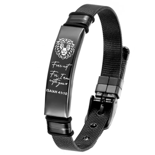 Personalized Cross Bible Verse Bracelets Inspirational Christian Wristbands Catholic Religious Jewelry Gifts for Him/Men Son/Dad/Boyfriend/Husband Adjustable Stainless Steel Bracelet - color: BLACK ISAIAH 41:10