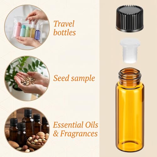 150 Pcs Mini Oil Bottles 5ml Essential Oil Bottles Amber Glass Small Sample Bottle with Orifice Reducers Funnels Droppers for Travel Sample Storage